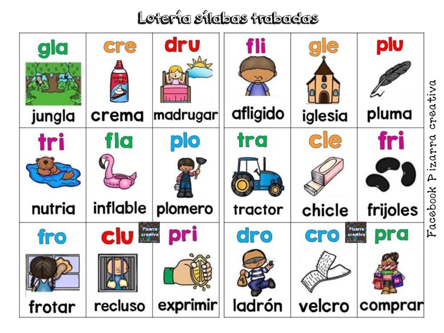 Súper lotería de sílabas trabadas con dibujos