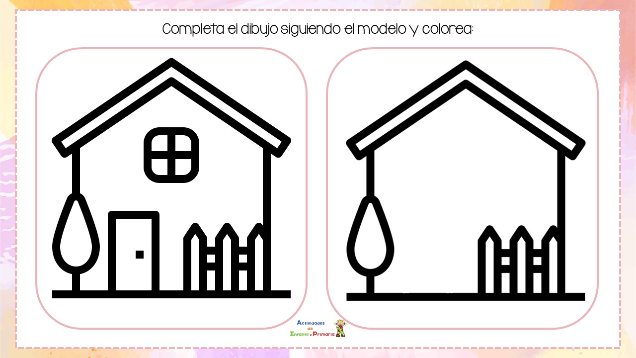 Completa el dibujo siguiendo el modelo y colorea