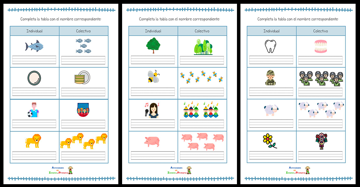 Nombres individuales y colectivos con pictogramas - Actividades de