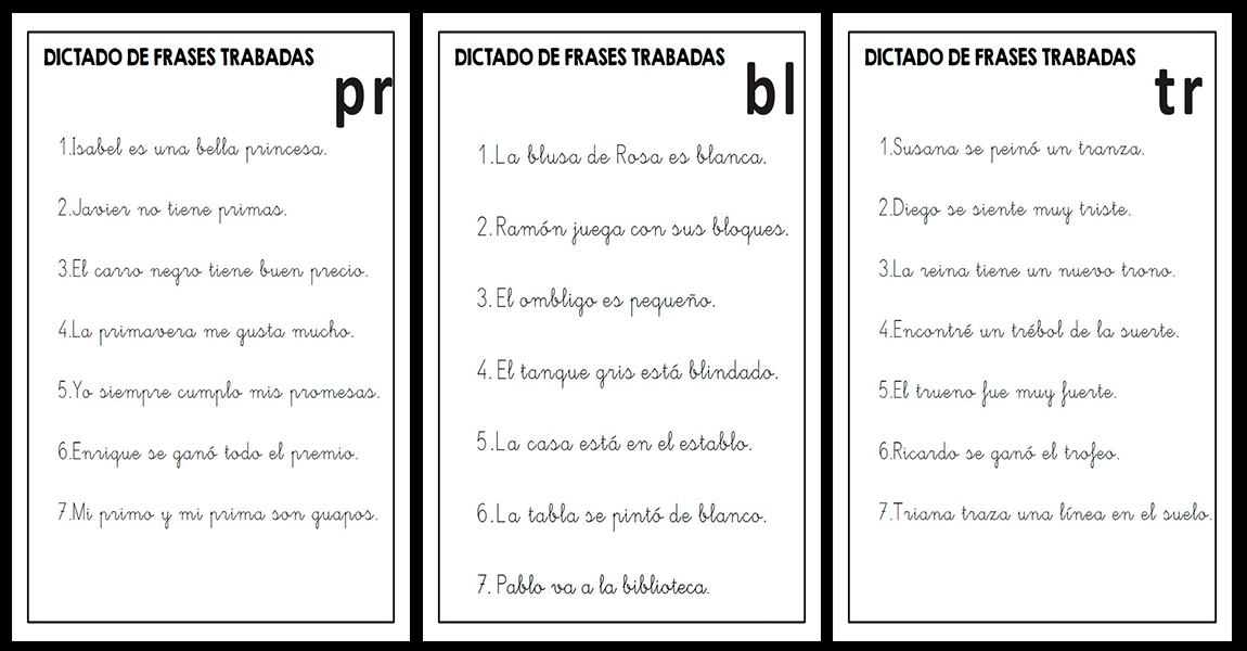 Dictado de frases con palabras trabadas - Actividades de infantil y