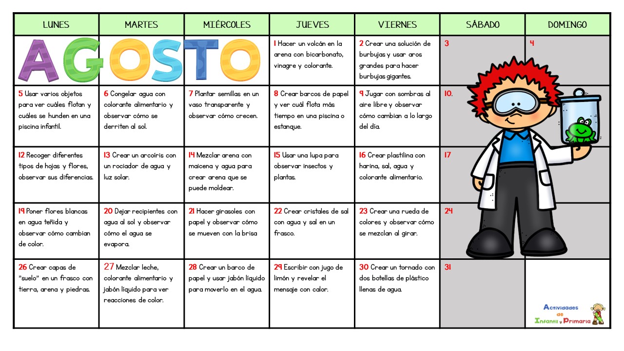 Calendario de experimentos para Primaria para el mes de agosto 2024 ...