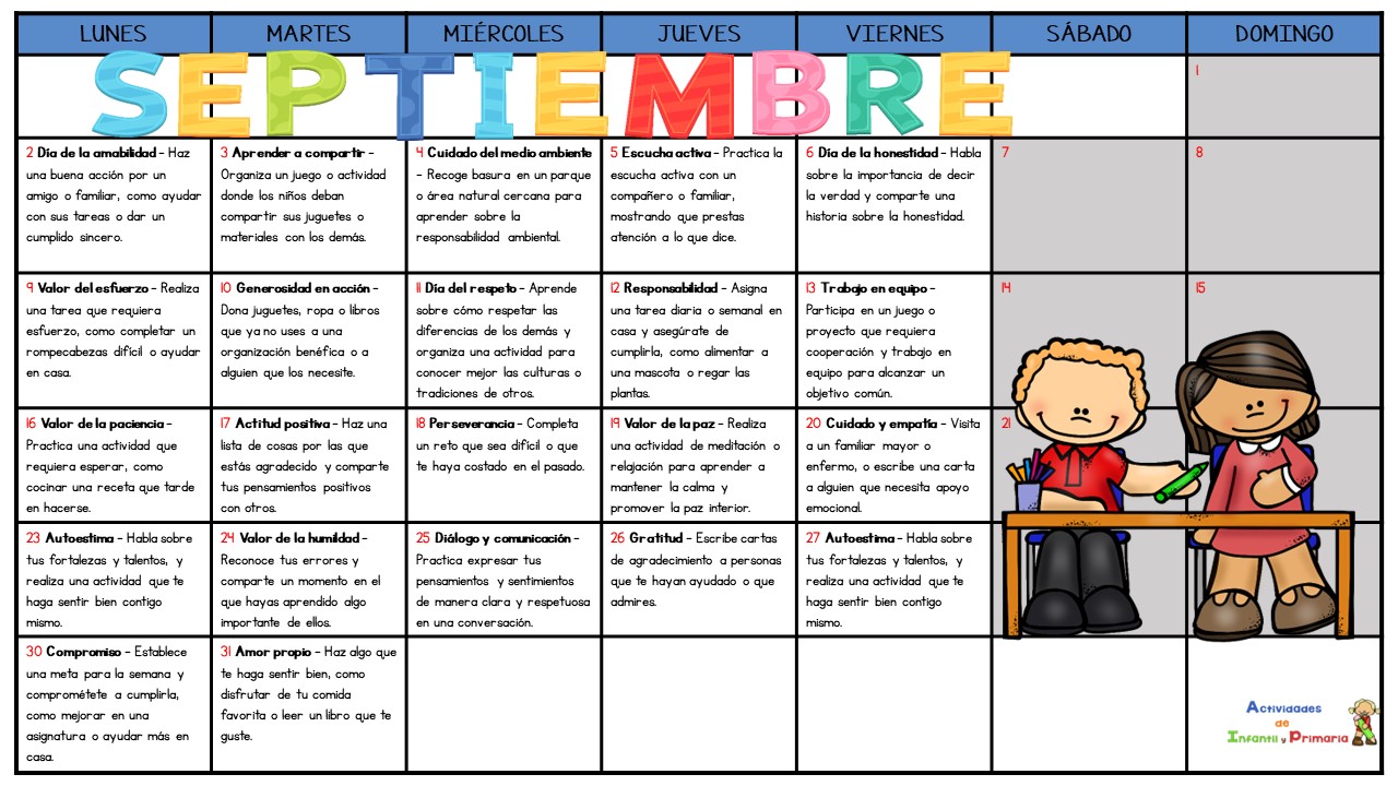 Calendario de actividades basadas en valores, para el mes de septiembre