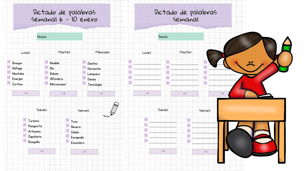 Dictado semanal de palabras 6-10 enero + plantilla - Actividades de ...